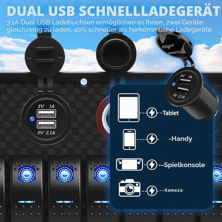 Geloo Marine Boat 8 Gang Schalter Panel Wasserdicht Toggle Rocker Zündschalter mit Voltmeter Display