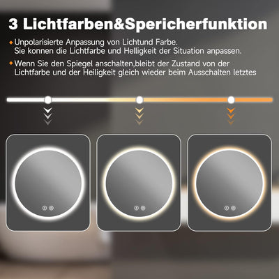 YOLEO Runder Badspiegel mit LED-Beleuchtung, Wandspiegel 60*60cm, Badzimmer Spiegel mit Touchschalte