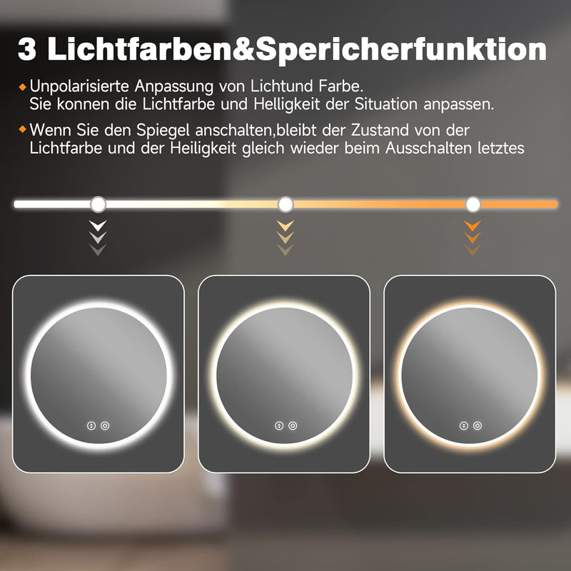 YOLEO Runder Badspiegel mit LED-Beleuchtung, Wandspiegel 60*60cm, Badzimmer Spiegel mit Touchschalte