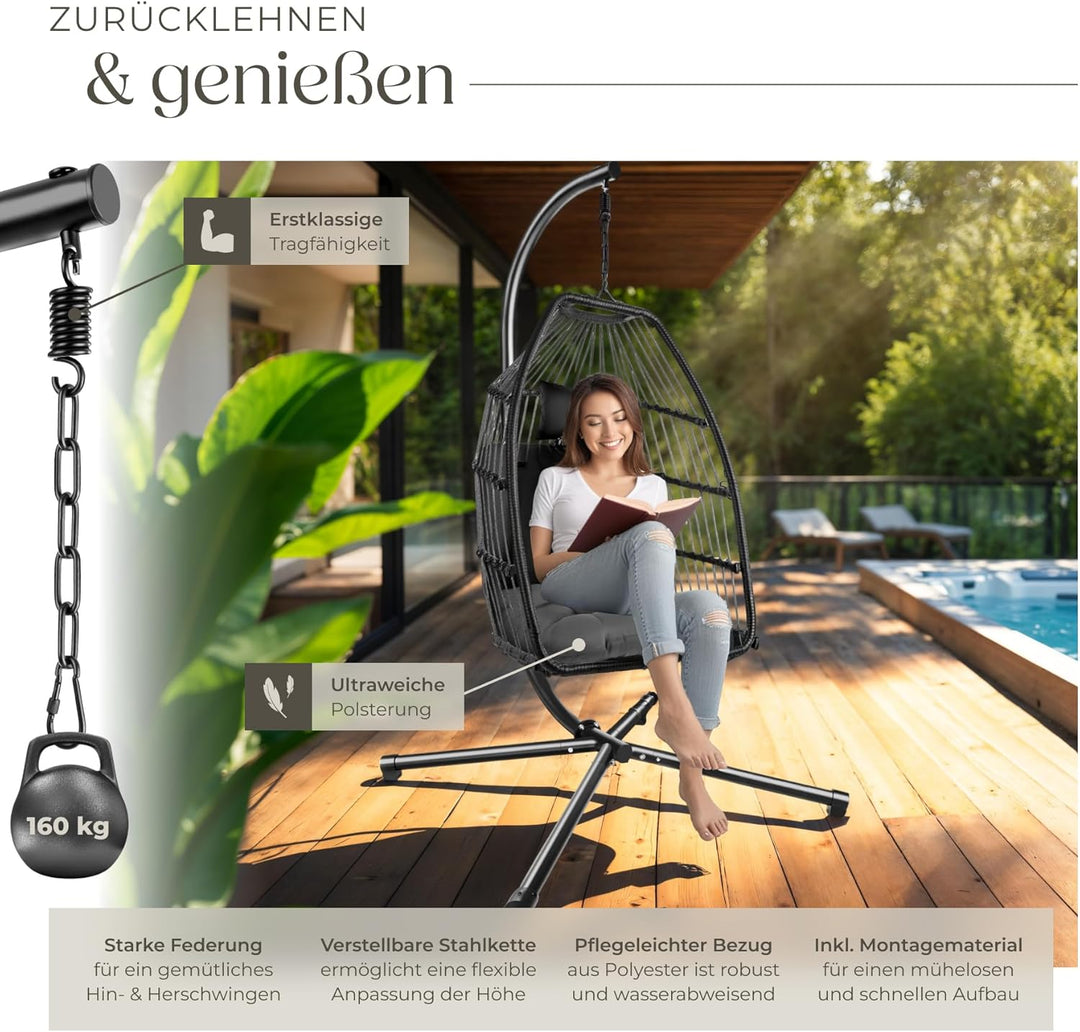 tectake® Hängesessel mit Gestell, Dicke Kissen, Möbel, Deko für Wohnzimmer, Jugendzimmer, Balkon, Ou