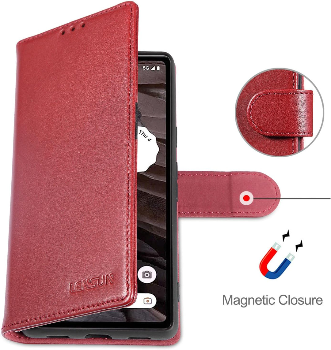 LENSUN Echtleder Hülle für Google Pixel 7a, Handyhülle [Echtes Leder] [Magnetverschluss] [RFID Schut