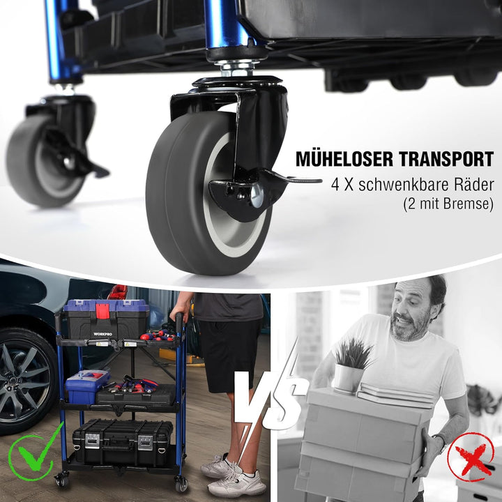 WORKPRO Servierwagen, Klappbarer Wagen 3 Etagen, Rollwagen Klappbar, Zusammenklappbarer Servicewagen