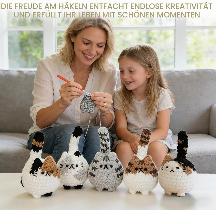 Ortviai Häkelset für Anfänger, Crochet Set Tiere Katzen, mit Garn und Zubehör, Schritt für Schritt A