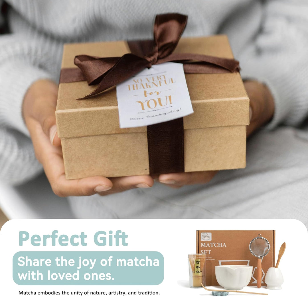 Premium Matcha Set 7-teilig – Exklusives Teezeremonie-Set mit Bambus-Chasen (Besen),Weiss Keramik-Sc