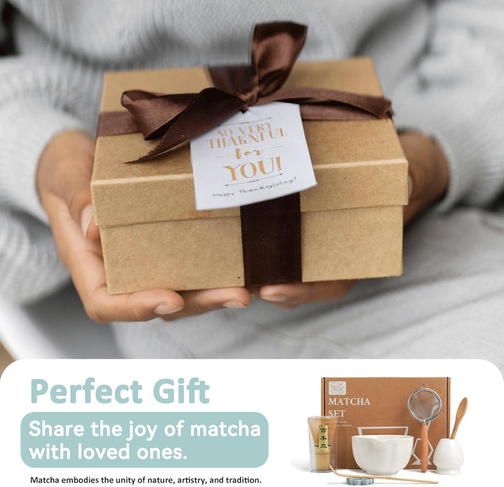 Premium Matcha Set 7-teilig – Exklusives Teezeremonie-Set mit Bambus-Chasen (Besen),Weiss Keramik-Sc