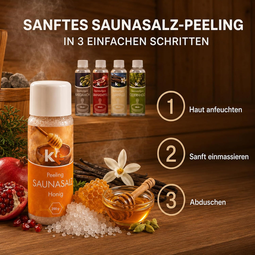 KK Sauna -Set mit Salz Peeling | KK Saunaaufgussset"Orient" 4 x 100 ml + 200 g KK Saunasalz"Honig" |