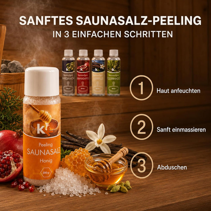 KK Sauna -Set mit Salz Peeling | KK Saunaaufgussset"Orient" 4 x 100 ml + 200 g KK Saunasalz"Honig" |