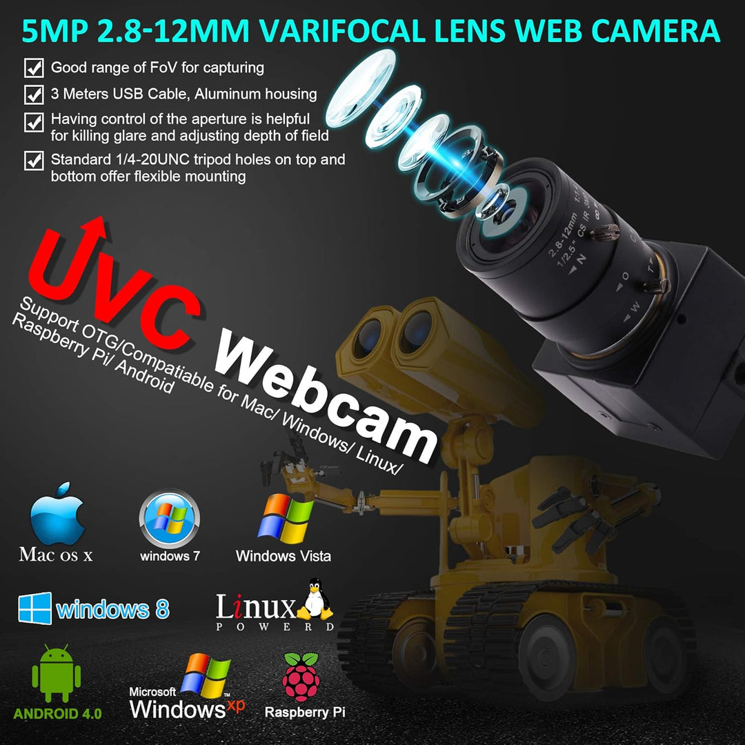 ELP 5MP Zoom Web Kamera,Aptina MI5100 Webcam Weitwinkel mit 2.8-12mm Variable Fokus Objektiv,USB2.0