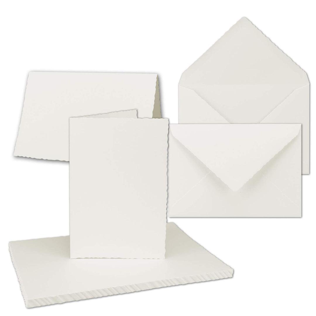 50x Vintage Faltkarten-Set mit Zackenschnitt hochdoppelt - Natur-Weiss - Edel-Bütten Karten mit Umsc