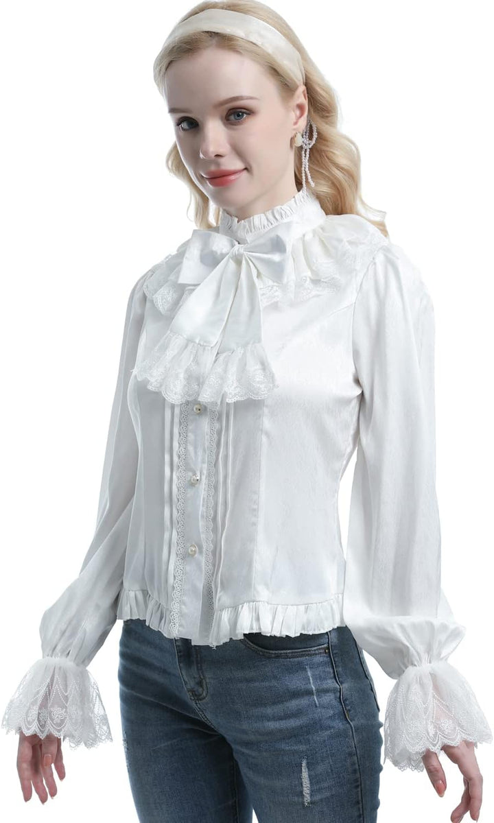 Fiamll Damen Viktorianisch Bluse Vintage Schleifenhemd Stehkragen mit Ruff Langarmshirt Mittelalter