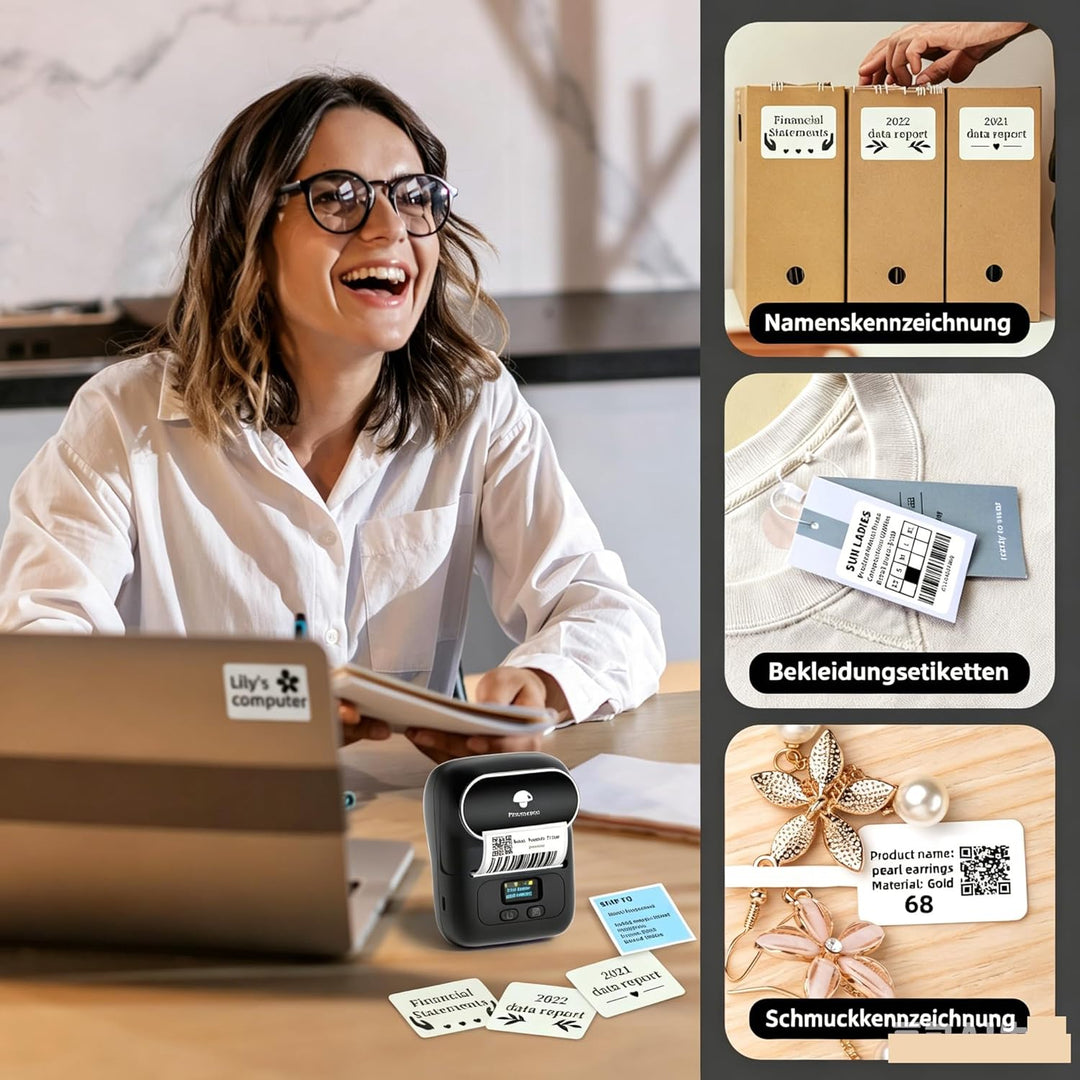 Phomemo M110 Etikettendrucker Selbstklebend mit 3 Etikettenrollen - Etikettiergerät Bluetooth Thermo