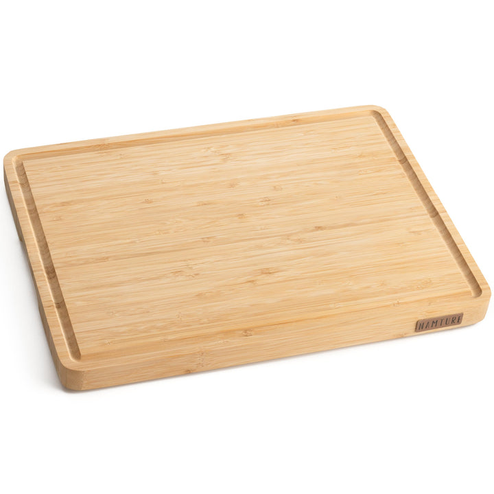 Bambus Schneidebrett XL (40 × 30 × 2,5 cm) – Stirnholz, extra dick, Premium-Öl, mit Saftrille, Handg