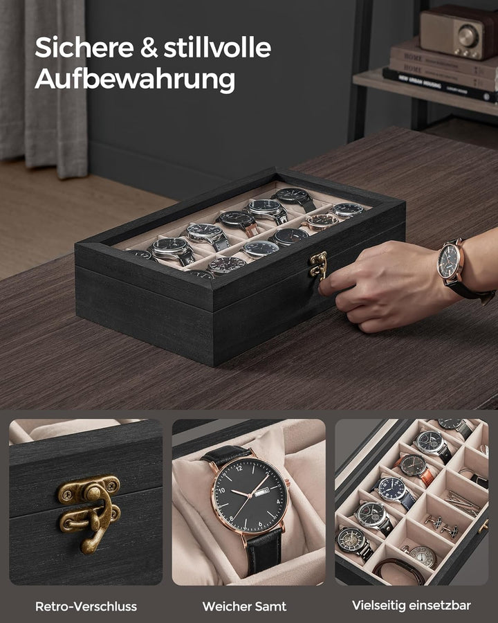 SONGMICS Uhrenbox mit 12 Fächern, Uhrenkasten aus Massivholz, mit Glasdeckel, Uhrenkissen, Geschenk