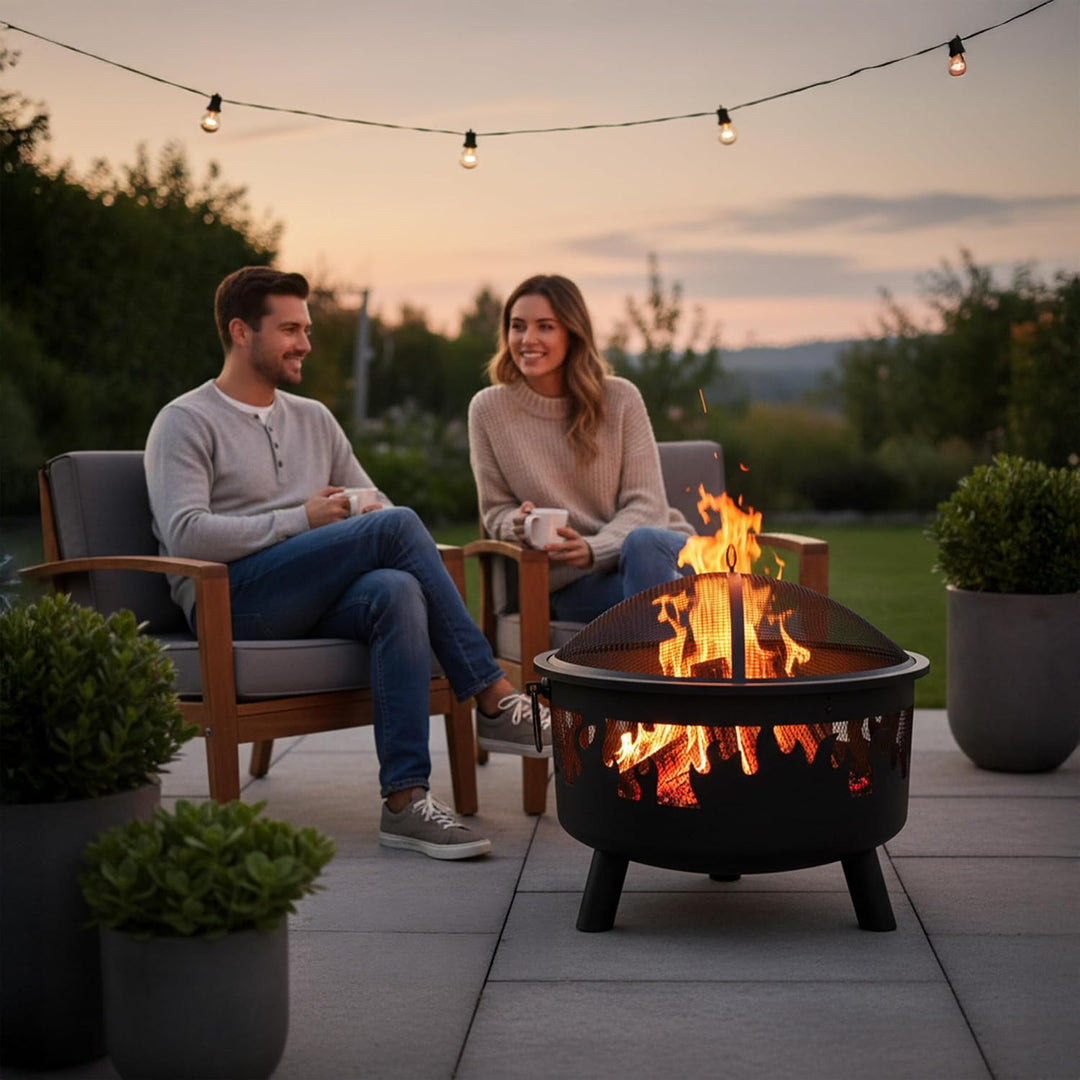 Relaxdays Feuerschale, Ø Schale 64 cm, Funkenschutz, Schürhaken, Stahl, Flammen-Design, Feuerstelle