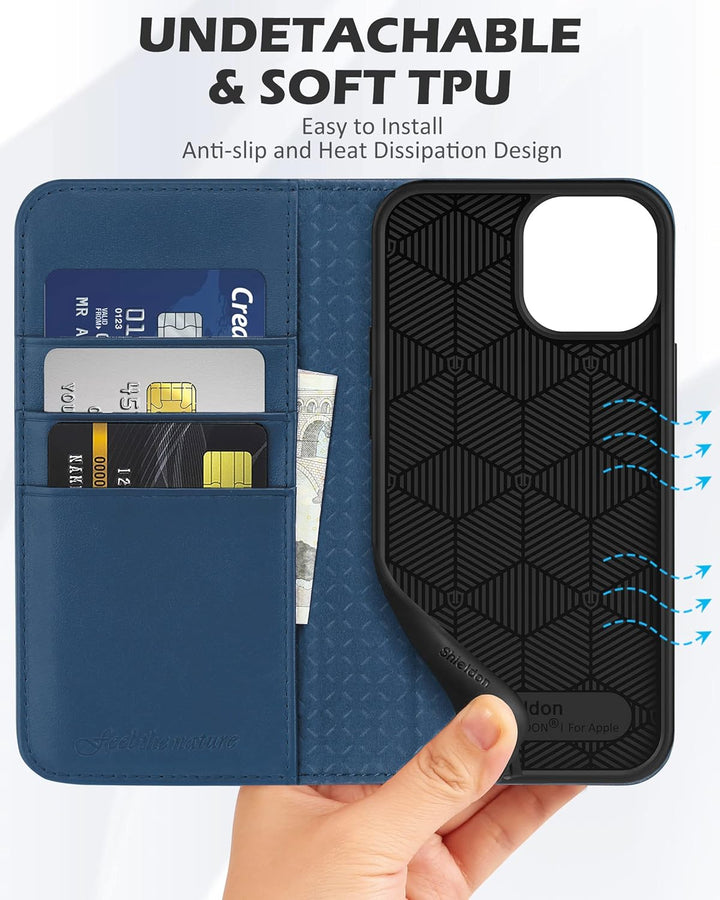 SHIELDON Hülle für iPhone 13 Mini, RFID-Sperre Handyhülle [Echtleder] [Stossfest ] [Standfunktion] [