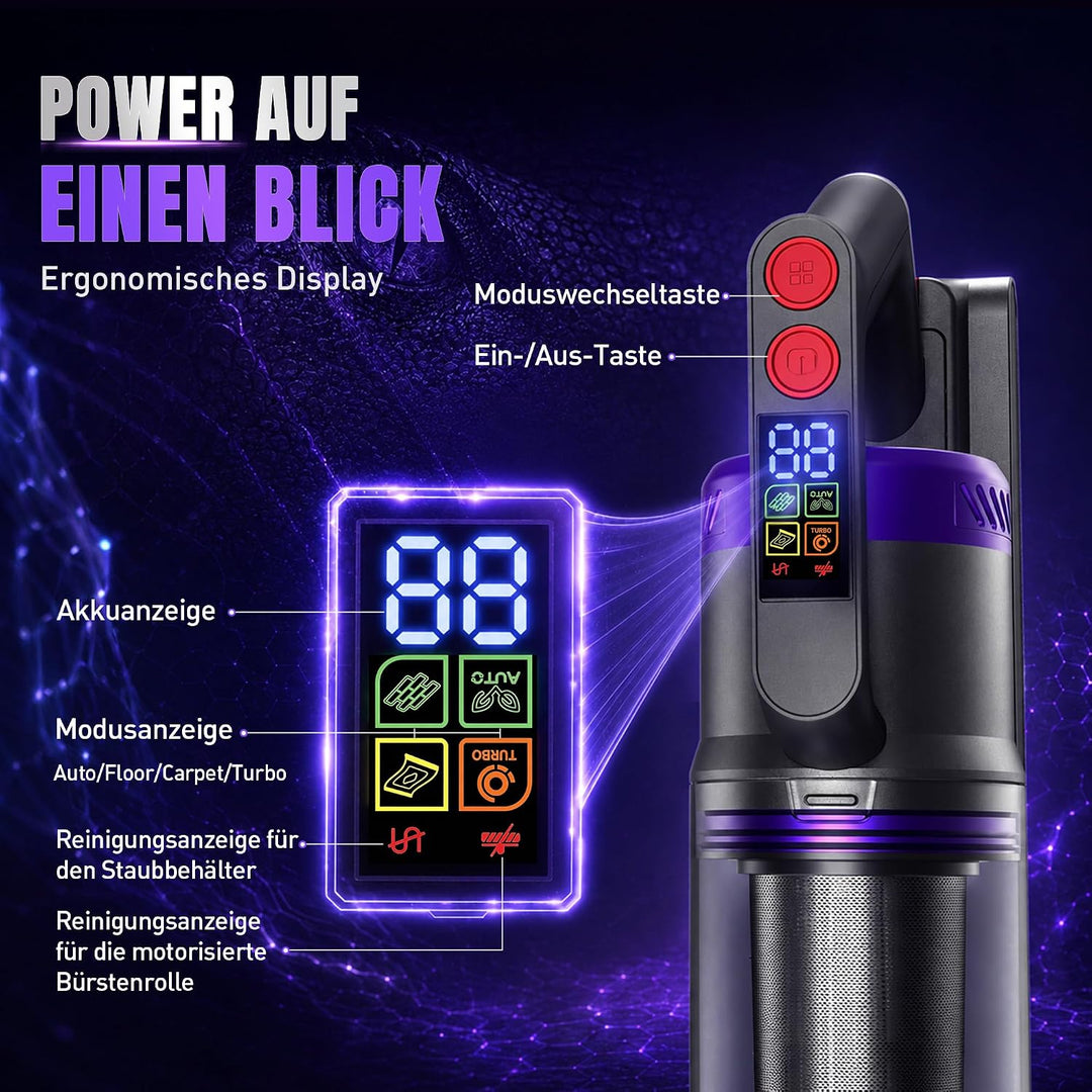Akku Staubsauger, 600W/58000Pa/75Min, Laufzeit Staubsauger Kabellos mit Smart LED Display und Ladest