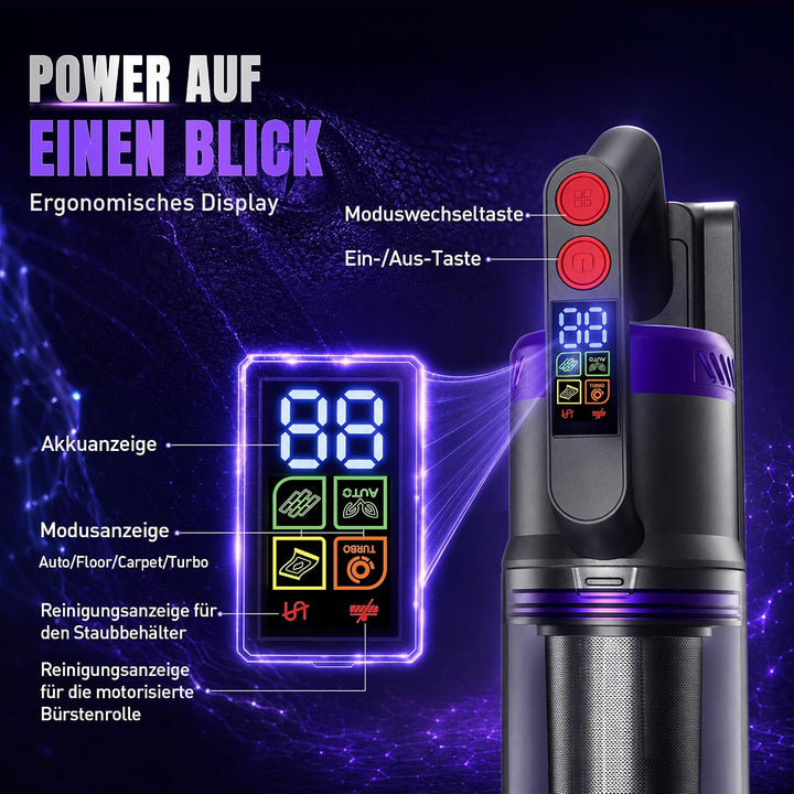 Akku Staubsauger, 600W/58000Pa/75Min, Laufzeit Staubsauger Kabellos mit Smart LED Display und Ladest