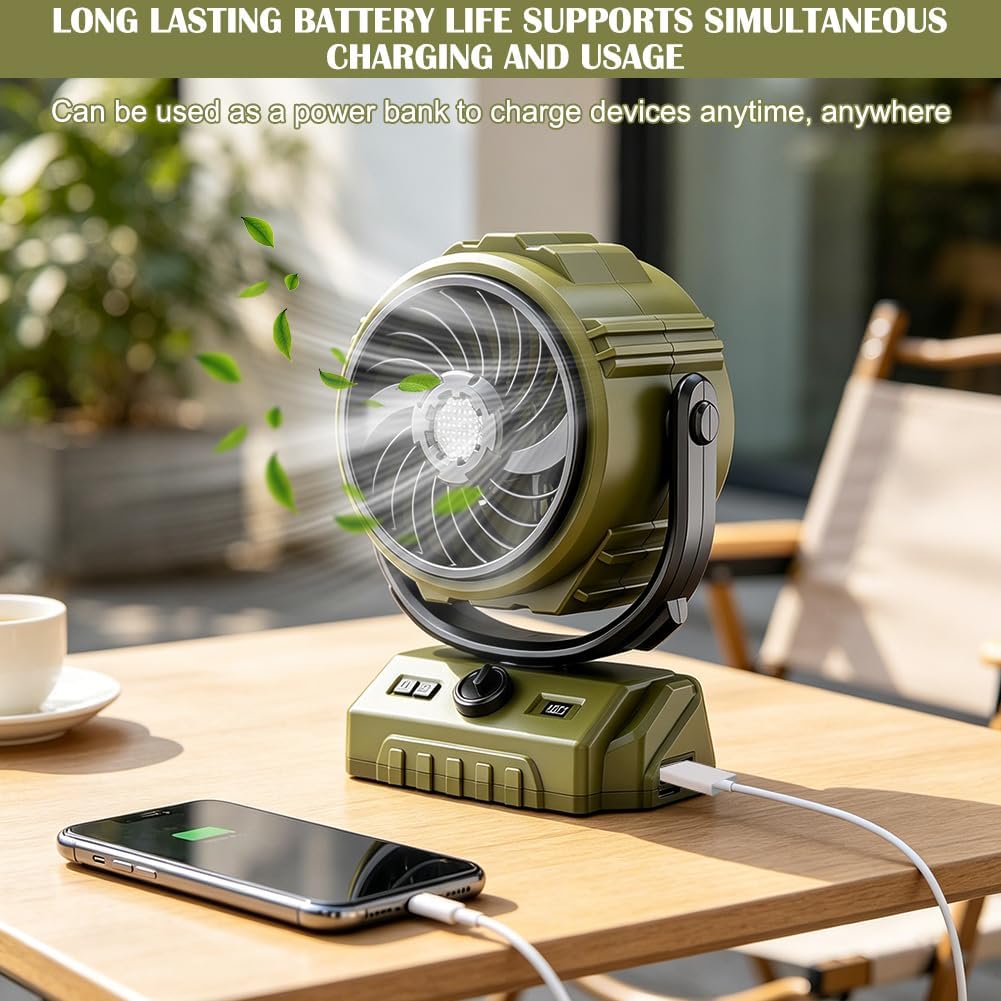 Camping Ventilator, Akku Ventilator mit Fernbedienung/LED Licht/270° Drehung, Tischventilator mit Ha