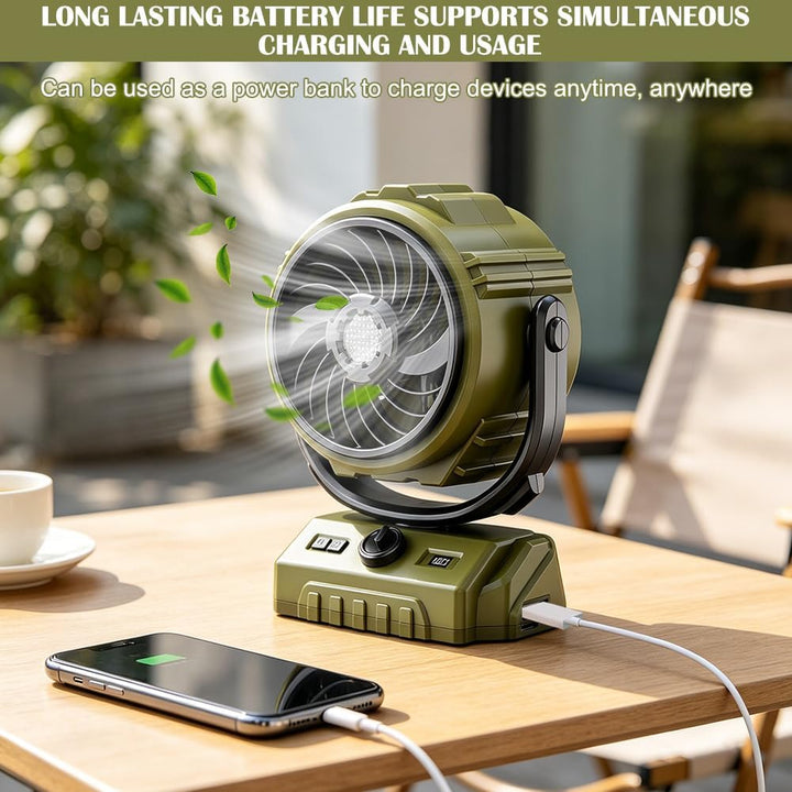 Camping Ventilator, Akku Ventilator mit Fernbedienung/LED Licht/270° Drehung, Tischventilator mit Ha