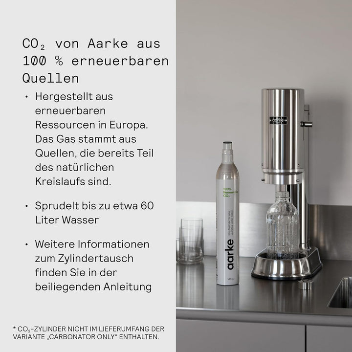 Aarke Carbonator Pro, Wassersprudler mit Glasflasche, Edelstahl Finish, Edelstahl