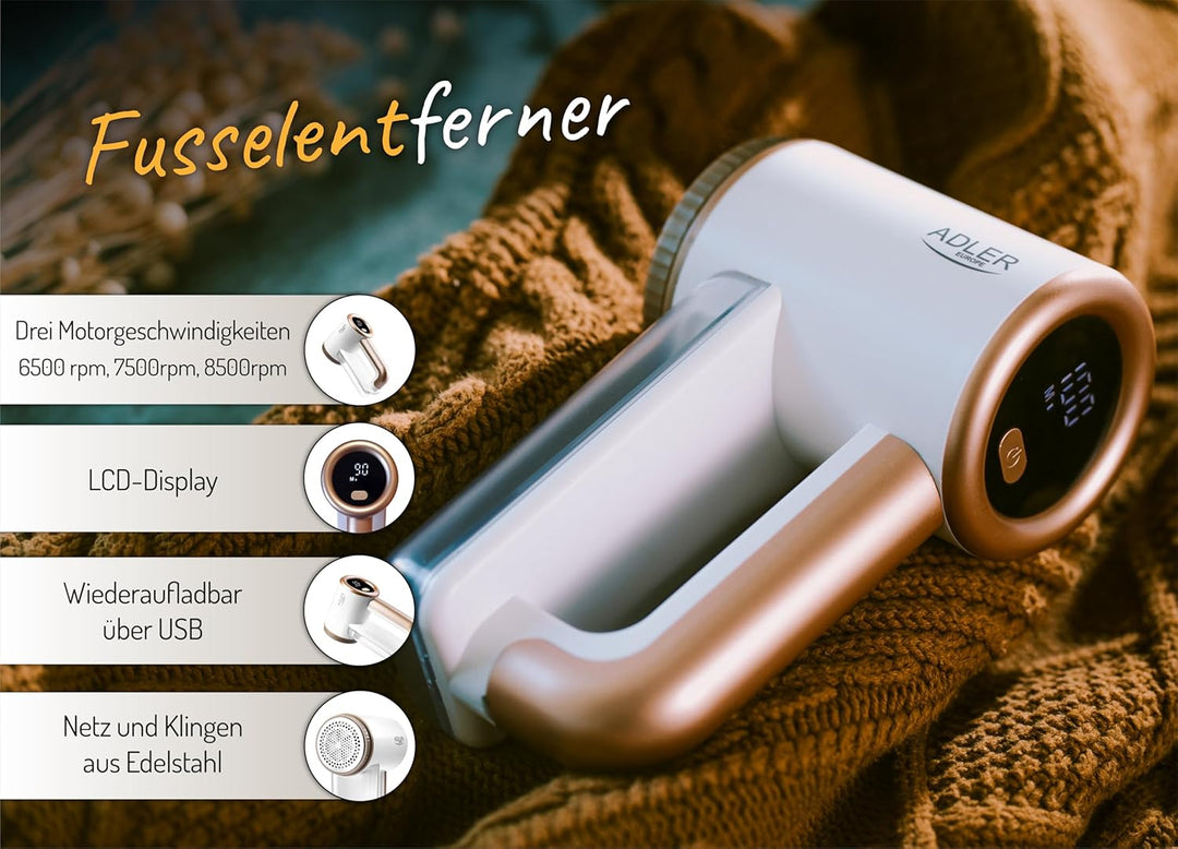 ADLER EUROPE AD 9617 Fusselentferner mit LCD-Display – 3 Geschwindigkeiten, Wiederaufladbarer 3,7V 2