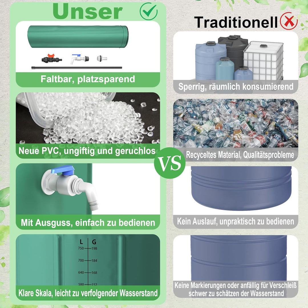 NAIZY Regentonne 750 Liter Regenwassertonne Zusammenklappbar Regenwassertank mit Regenfass PVC Schut
