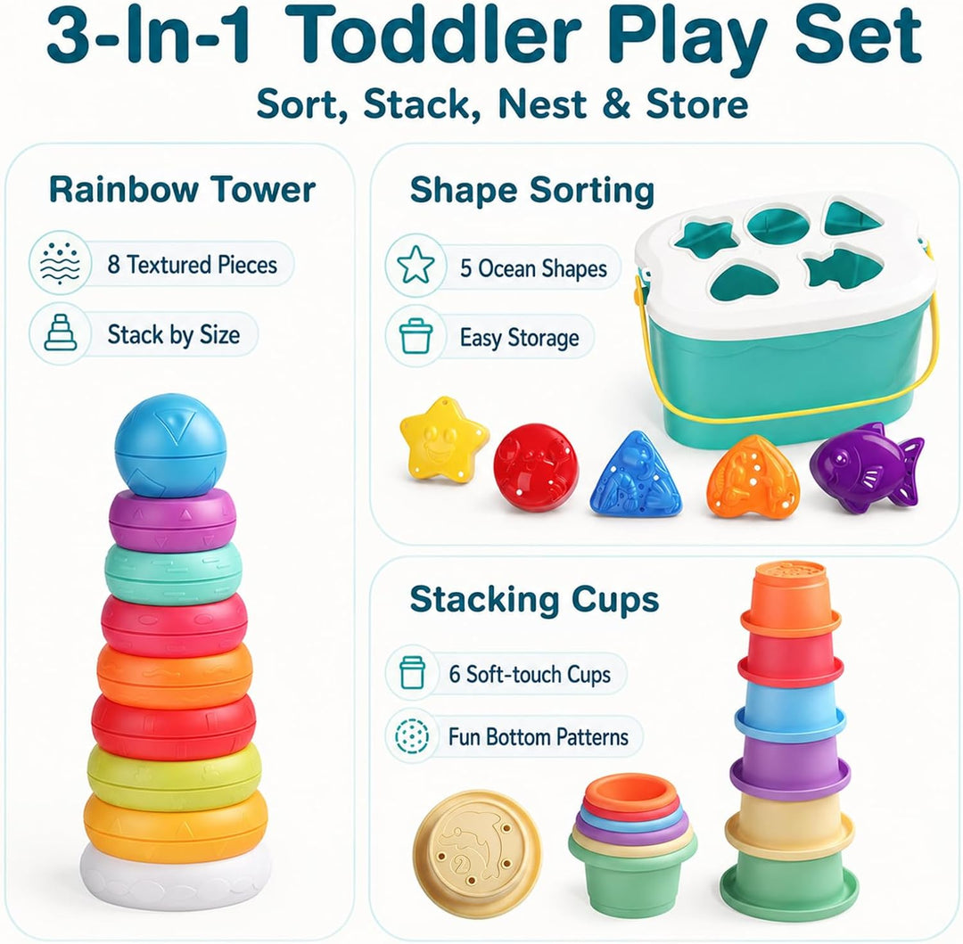Montessori Stapelturm ab 6 Monate, 3-in-1 Sortier- &amp; Stapelspielzeug | 20 Teile zum Sortieren, Stape