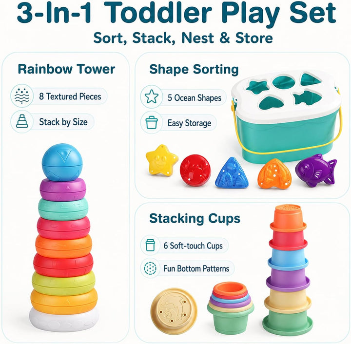 Montessori Stapelturm ab 6 Monate, 3-in-1 Sortier- &amp; Stapelspielzeug | 20 Teile zum Sortieren, Stape