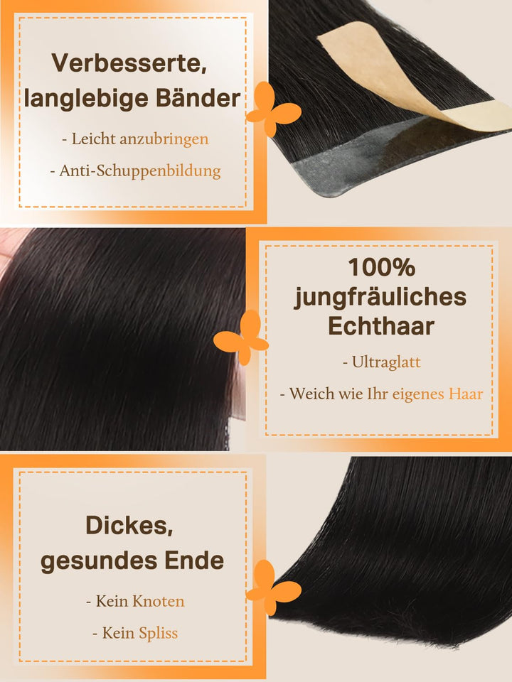 DOORES Extensions Echthaar Tape in, Tief Schwarz 35cm (14zoll) 100g 40pcs, Remy Haarextension Tape i