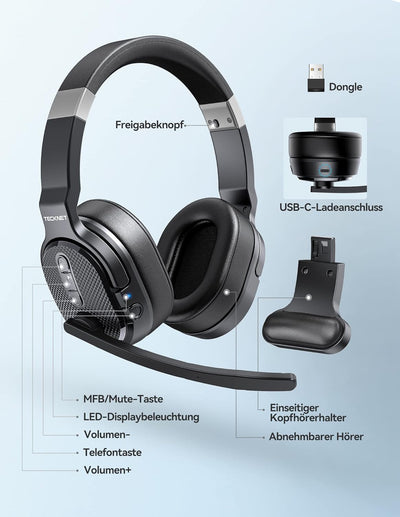 TECKNET Bluetooth Headset mit Mikrofon, USB Dongle Noise Cancelling Single und Dual Ear Headset Kabe