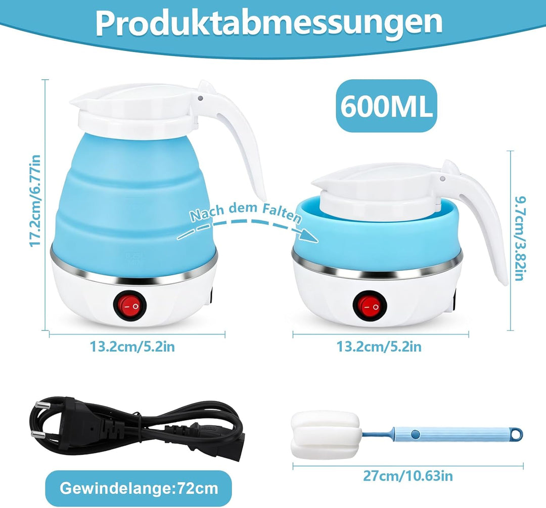 Faltbarer Wasserkocher 600ml Reisewasserkocher, Reise Silikon Tragbarer Wasserkessel mit 1 Klappbürs