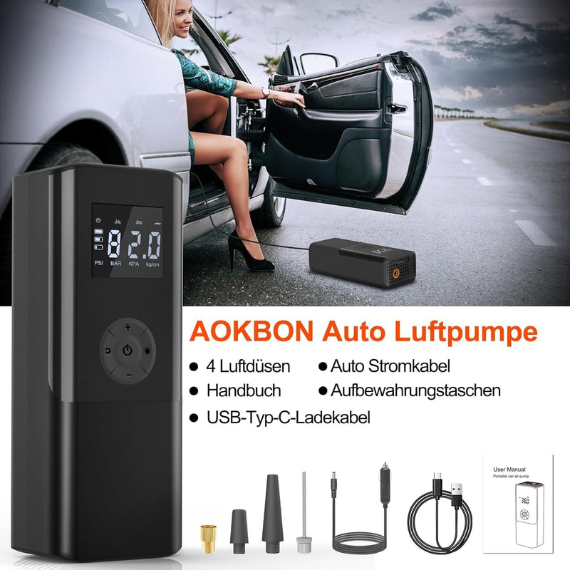 Elektrische Luftpumpe 150PSI Akku Luftpumpe mit 6000mAh Akku Tragbar Fahrradpumpe mit Digitale Anzei