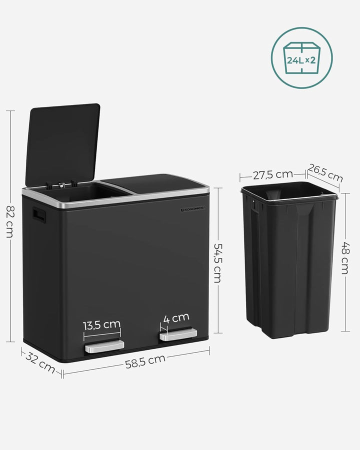 SONGMICS Mülleimer, Abfalleimer, Mülltrennsystem mit 2 Fächern, Treteimer für die Küche, 2 x 24 L, S