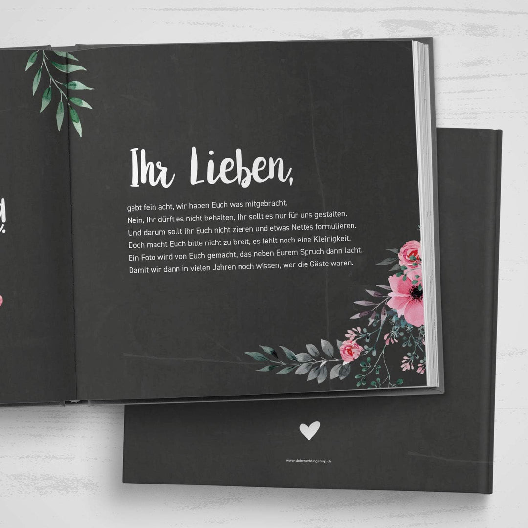 DeinWeddingshop Gästebuch zur Hochzeit mit Fragen - quadratisch - Hochzeitsgästebuch Hochzeitsalbum