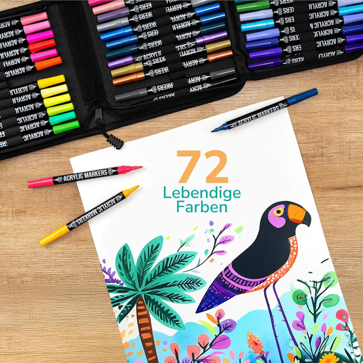Zenacolor 72 Acrylstifte für Steine Wasserfest - mit Doppelspitze (feine Spitze und Pinsel) zum Zeic