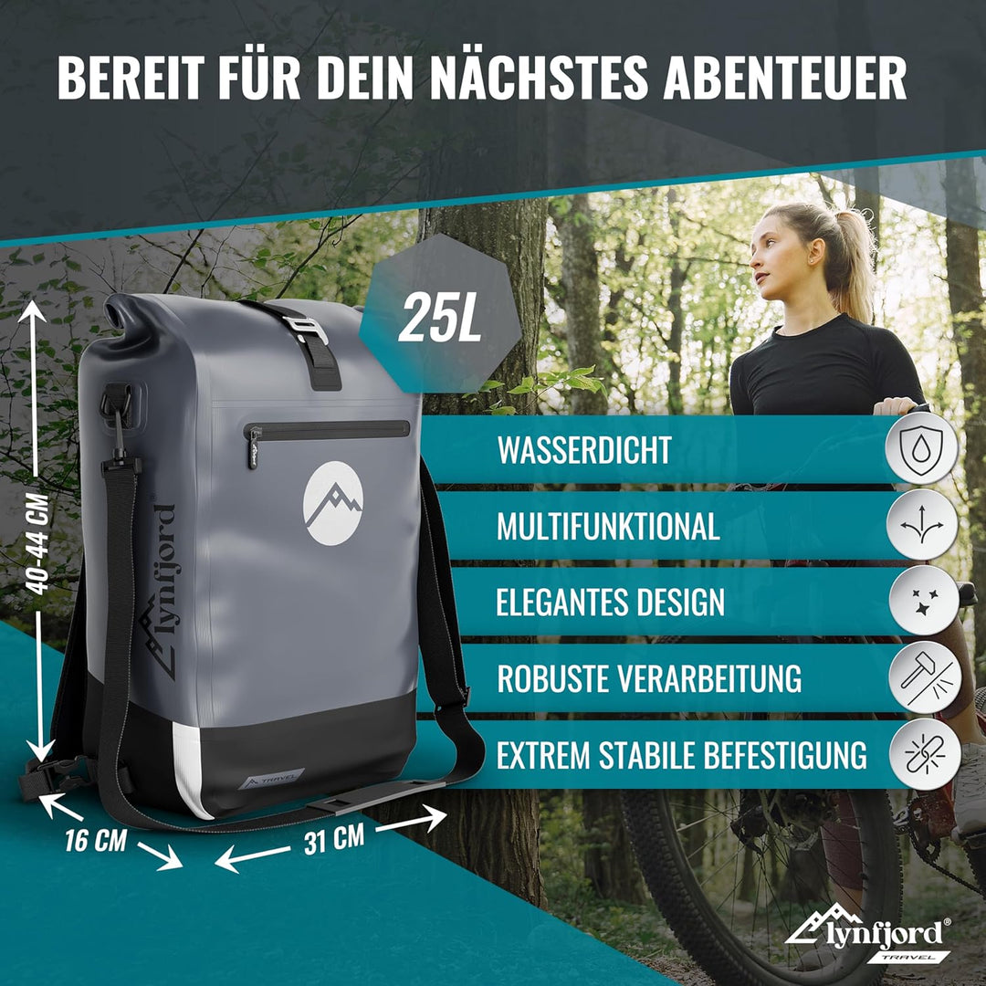 Lynfjord Travel Trek 25 Fahrradtasche 3in1 - optimierte Gepäckträgertasche, Rucksack, Cross Bag - wa
