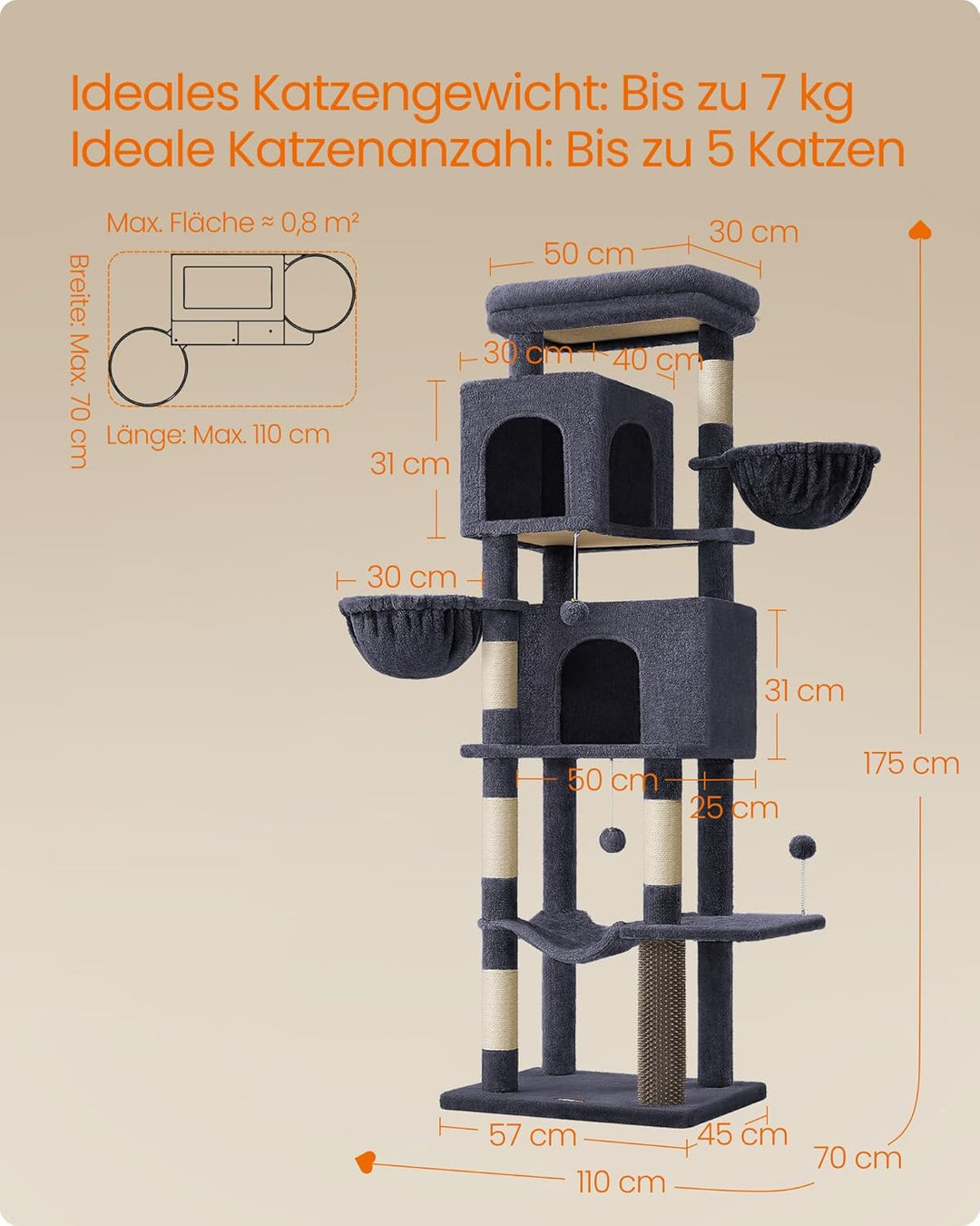 Feandrea Kratzbaum, 175 cm hoch, XL, mehrstöckiger Katzenbaum mit 2 Höhlen, 2 Liegemulden, 5 Kratzsä