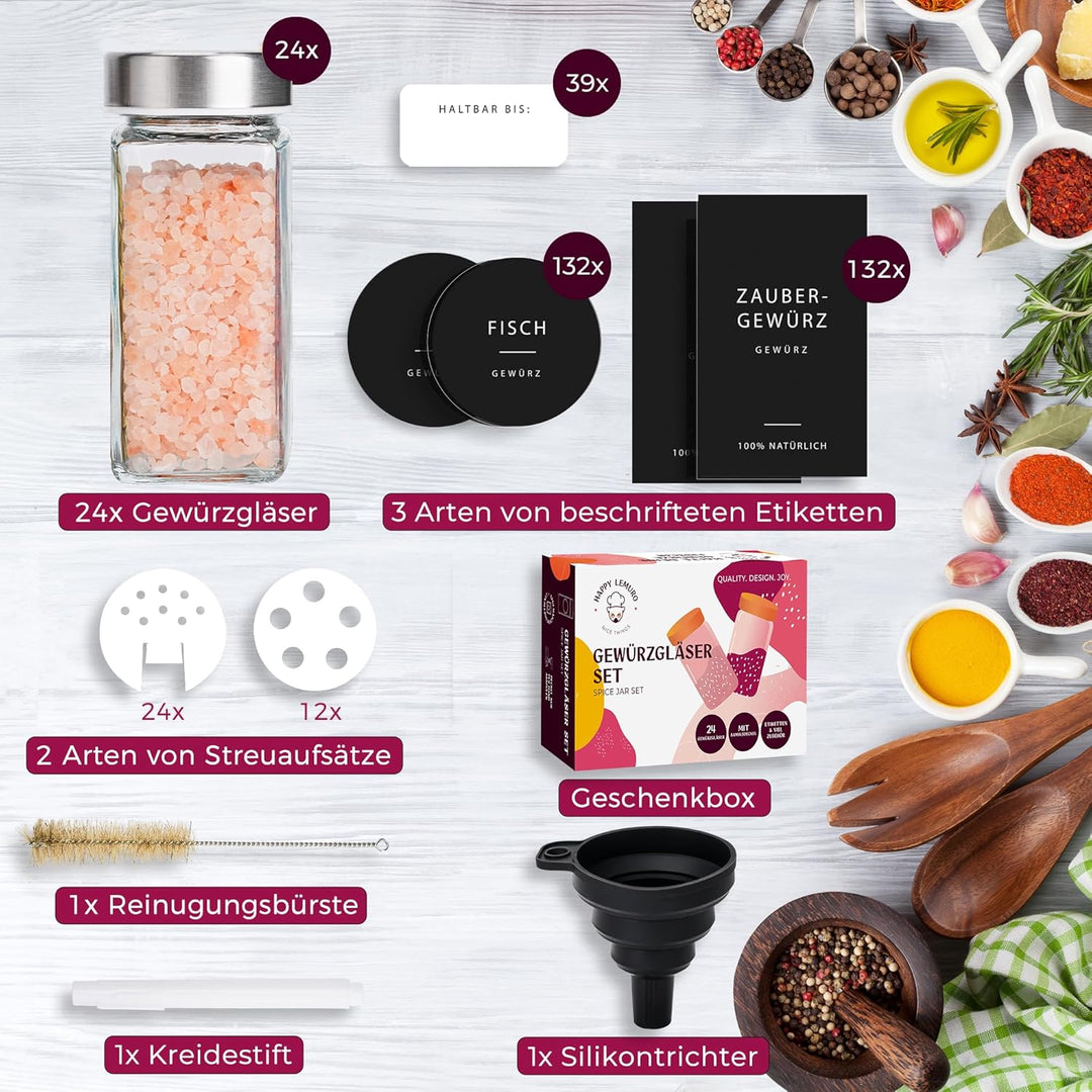 Gewürzgläser Eckig [24 x 120 ml] Gewürzbehälter mit 301 Etiketten, Edelstahldeckeln | Gewürzdosen Se