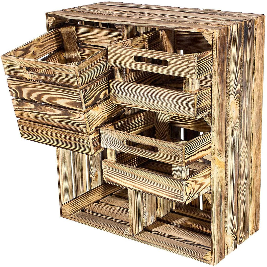 Grosses Vintage Holzregal mit fünf Fächern, Holzkiste neu, 68x35x77cm (Geflammt mit Schubladen)