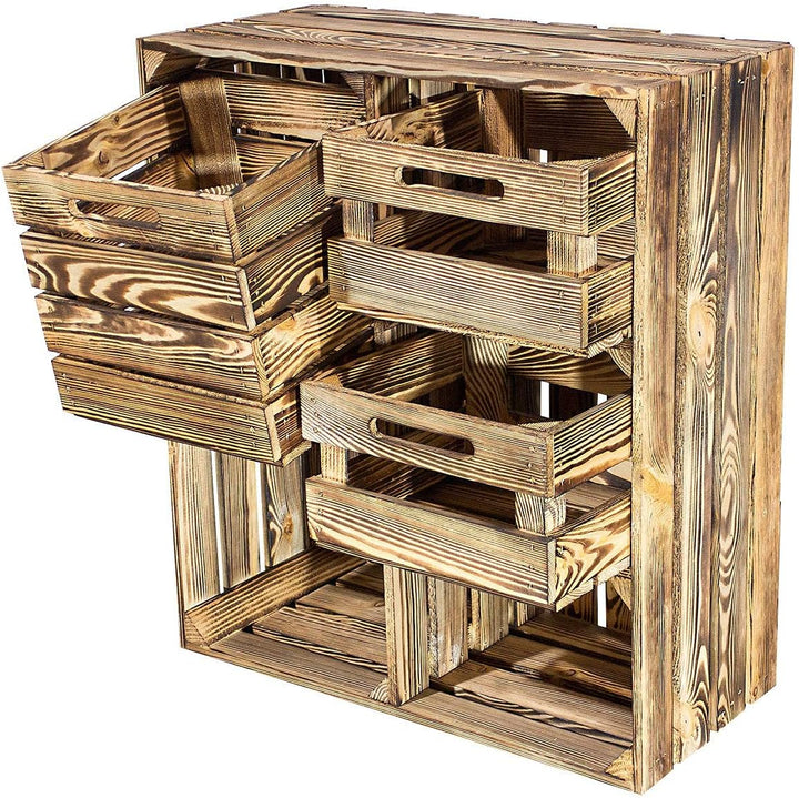 Grosses Vintage Holzregal mit fünf Fächern, Holzkiste neu, 68x35x77cm (Geflammt mit Schubladen)