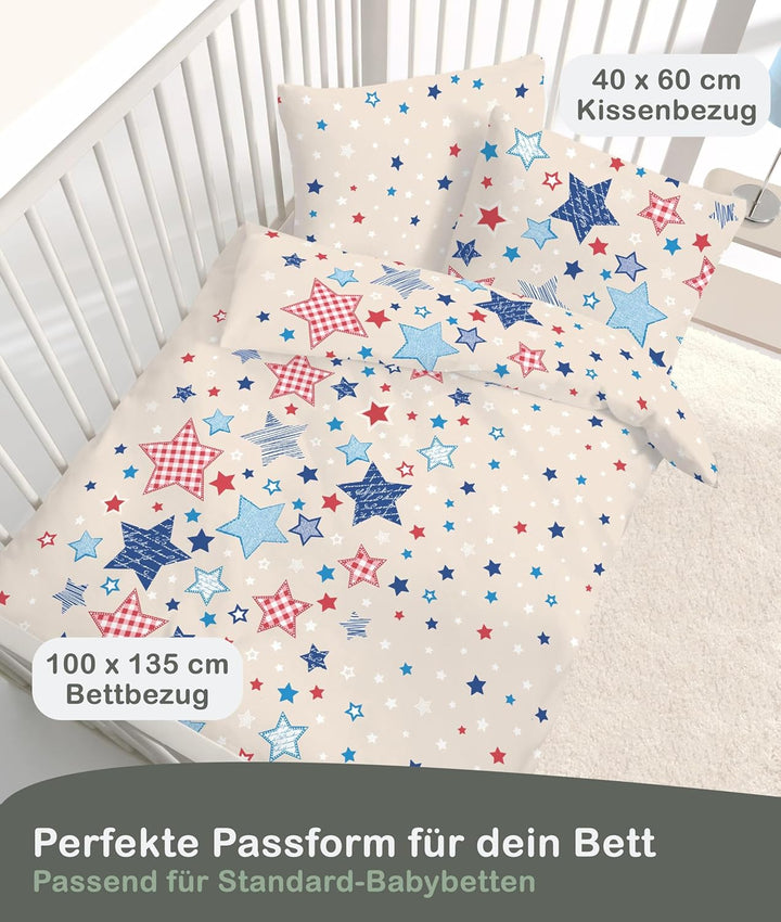 LINKHOFF Sterne Babybettwäsche 100 x 135 | Flanell Kinderbettwäsche 135x100 Beige Blau | Fein-Biber
