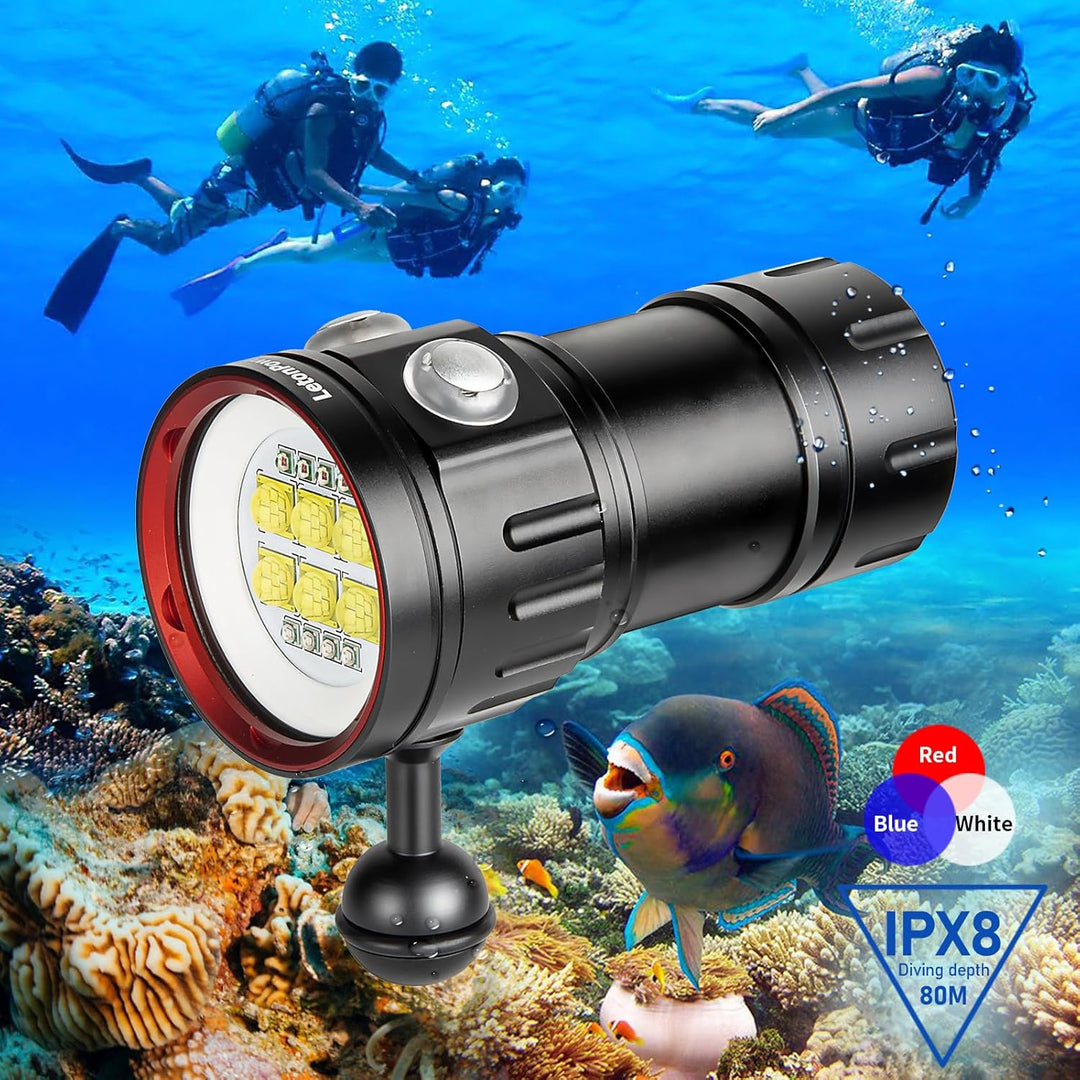 B24 Tauchen Taschenlampe,9000 Lumens Super Bright Underwater 80m Video Light, Scuba Dive Light, High