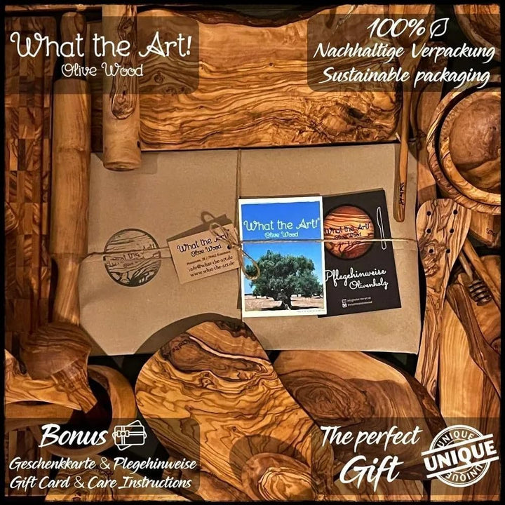 What the Art!® Olive Wood «Vesper» Gr. L | Olivenholz Schneidebrett + Dip-Schälchen | Handarbeit | c