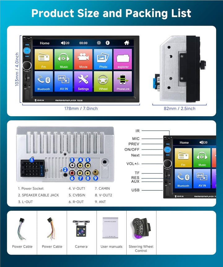 Podofo 2 Din Autoradio Bluetooth mit Bildschirm 7'' Mirror Link Für IOS/Android Bluetooth Freisprech