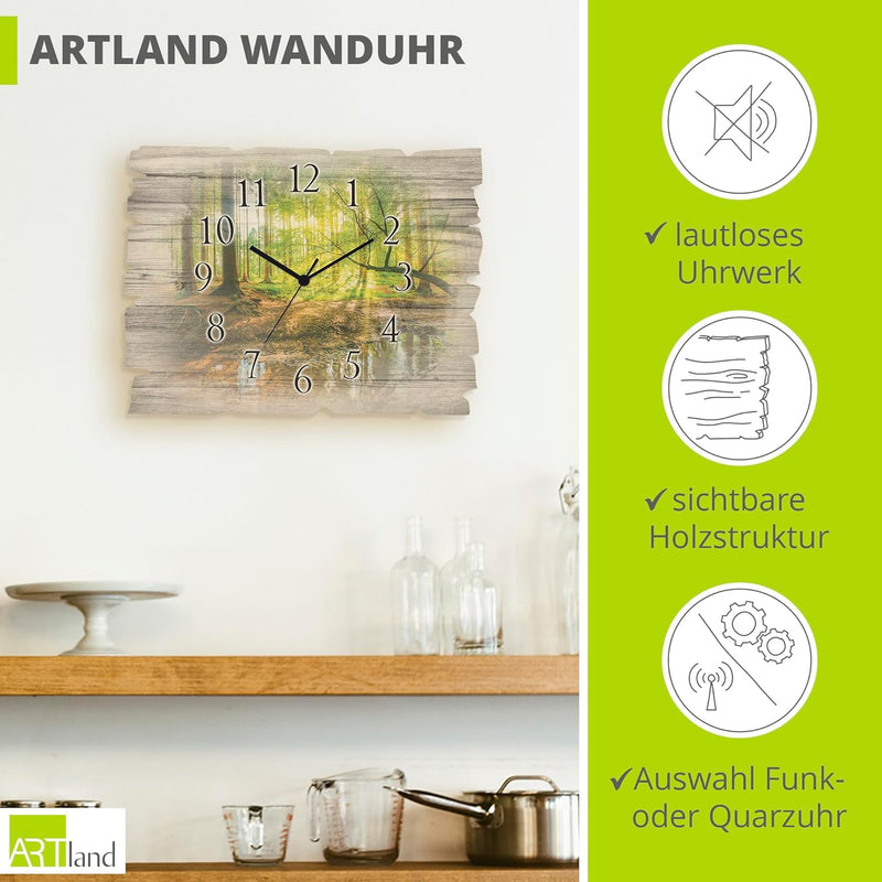 ARTLAND Wanduhr ohne Tickgeräusche aus Holz Funkuhr 40x30 cm Rechteckig Lautlos Wald Landschaft Bach