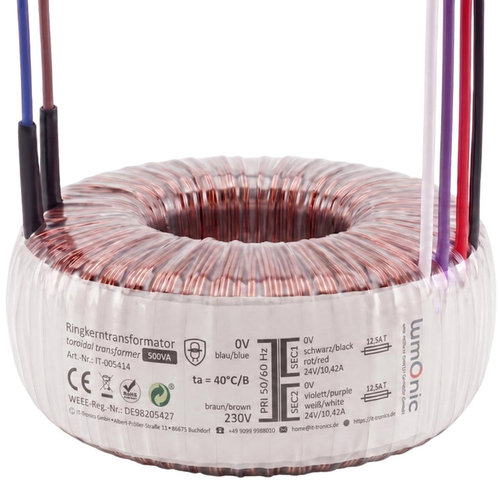 Sedlbauer Ringkerntrafo Transformator 500VA 2x24V für Audio, Industrie, Halogen und Schienensysteme