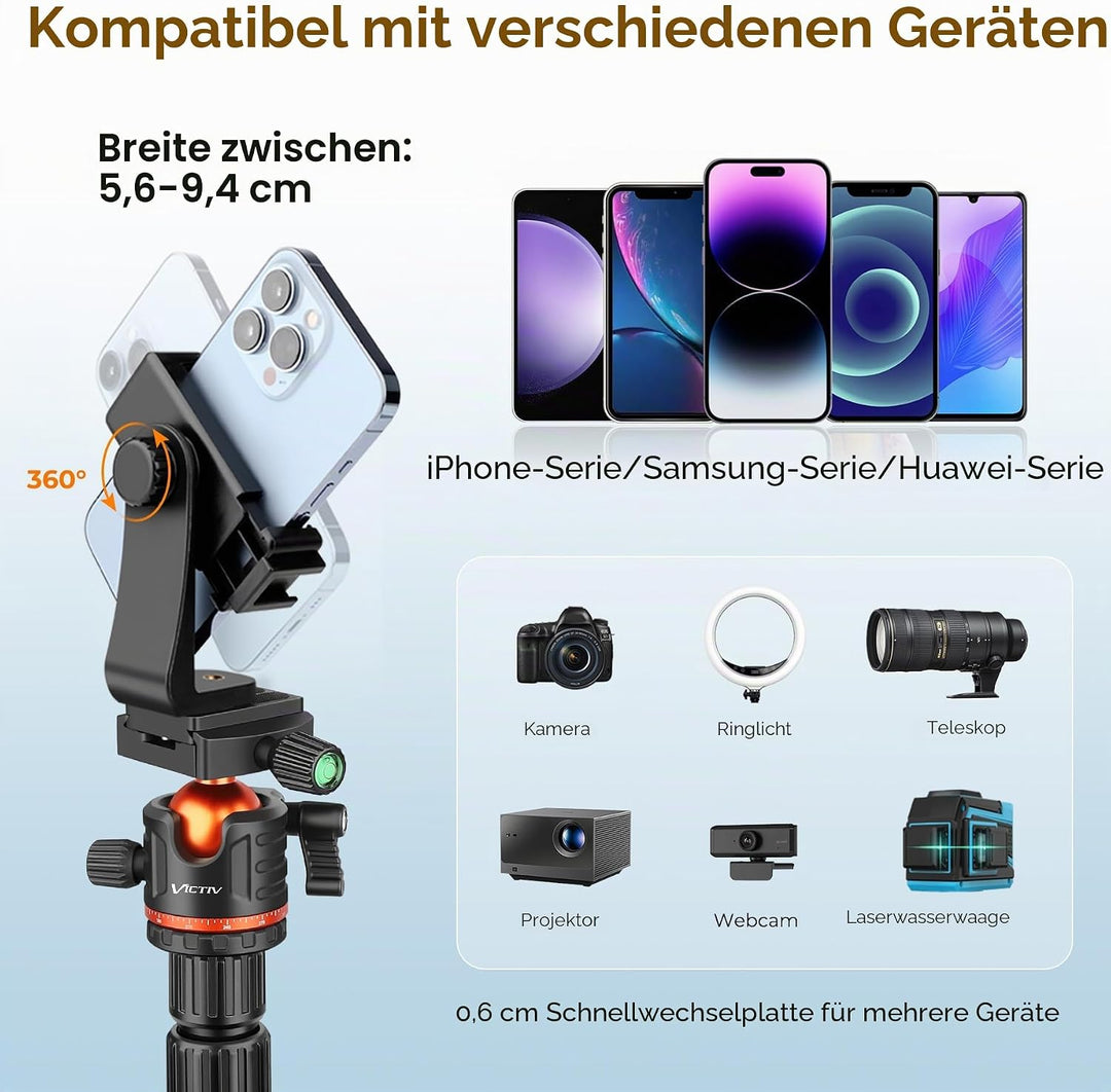 Victiv 259cm/ 102" Kamera Stativ, Multifunktionales Kamerastativ mit 360°-Horizontal-Drehachse & Pan