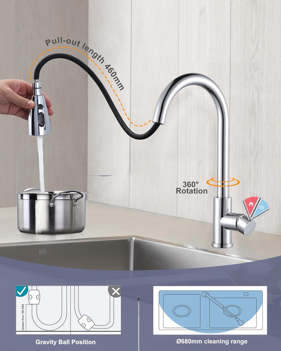 ARCORA Küchenarmatur ausziehbar, Hochdruck Wasserhahn Küche 360° schwenkbar Armatur Küche aus Edelst