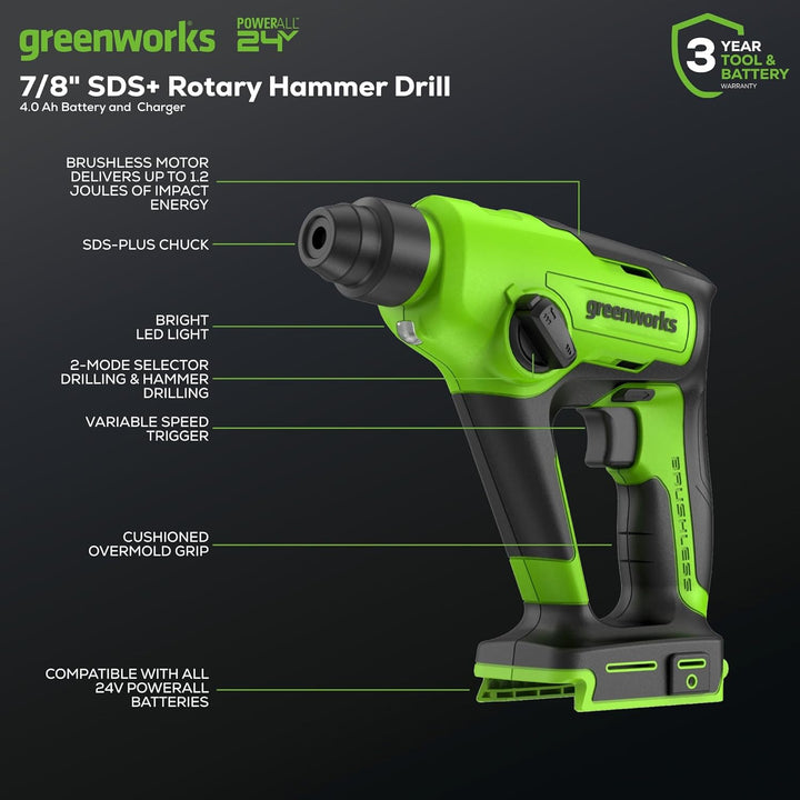 Greenworks 24V bürstenloser Akku-Bohrhammer, Schlagenergie 1,2 Joule, SDS-Plus, nur Werkzeug Nur Wer