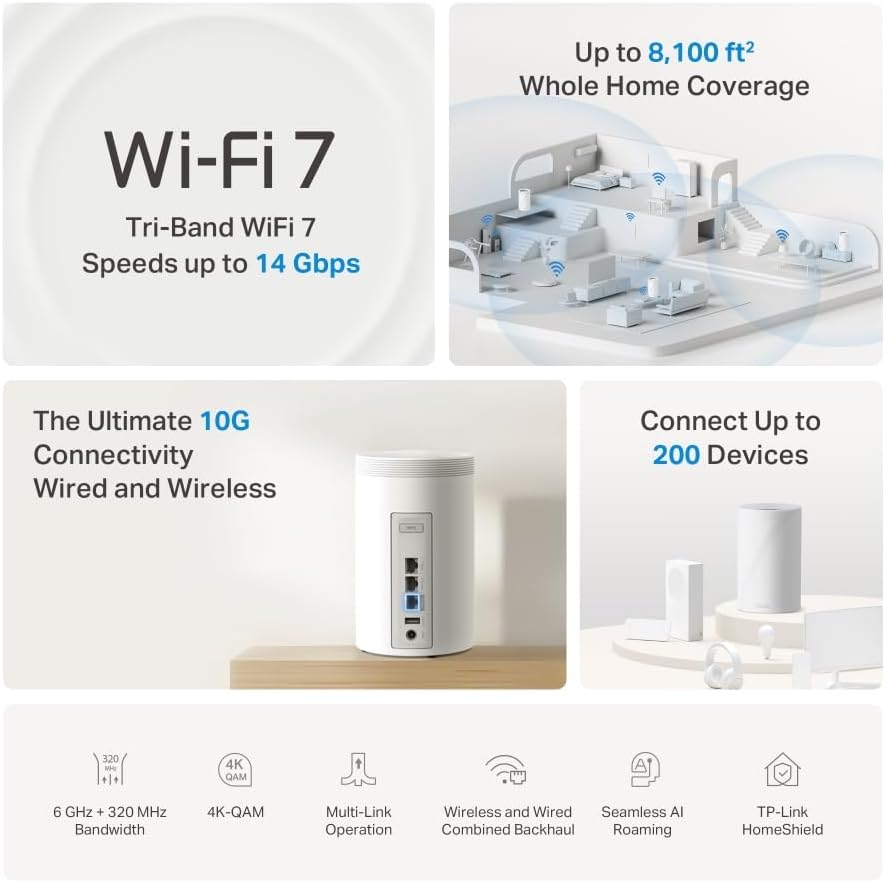 TP-Link Deco BE68 (3-Pack), WiFi 7 Mesh BE14000 Tri-Band, 14 Gbit/s, Ethernet-Port bis zu 10 Gbit/s,